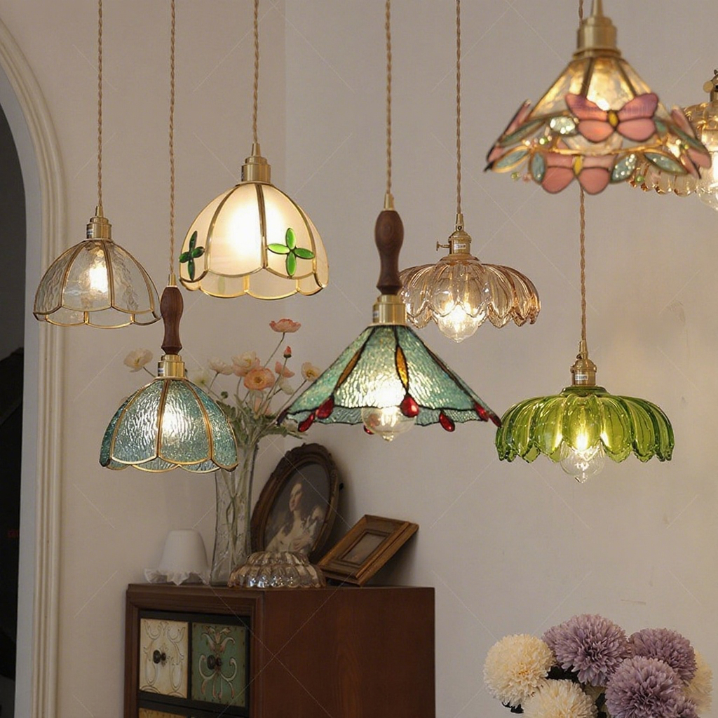 Lustre Retrô De Vitral, Luminária Pendente De Latão Para Restaurante E Café