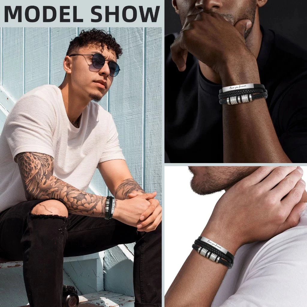 Detalhes do Pulseira De Couro Trançado Personalizada Vnox Para Homens , Tecido Triplo Feito À Mão Com Nome Personalizado E Presente