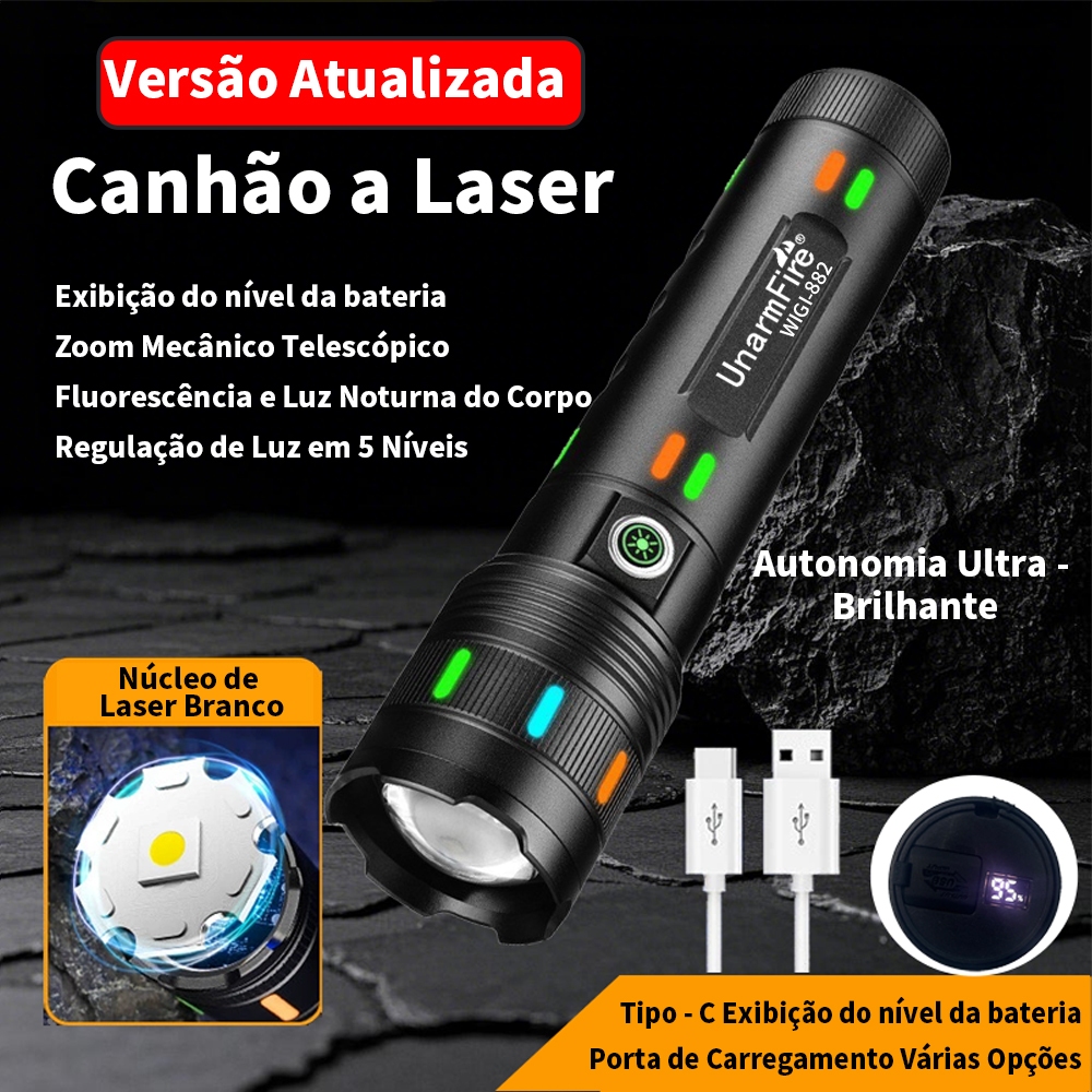 Lanterna Laser Branco Recarregável USB-C Zoom Alto Brilho Holofote Longo Alcance 500M À Prova D'água Emergência Camping