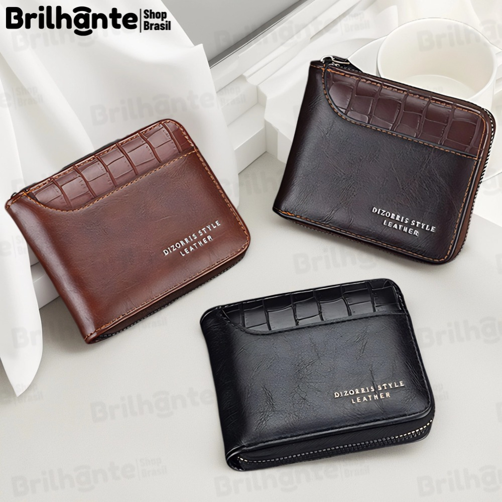 Carteira Curta Masculina Com Padrão De Pedra-Bolso Para Moedas Zíper Vários Cartões E Bordas Costuradas ​