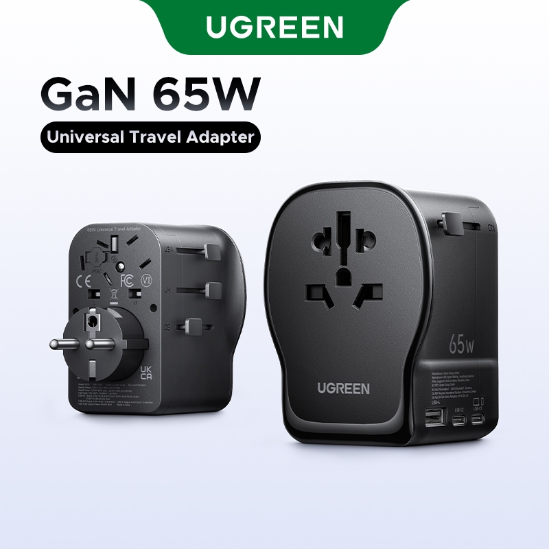 UGREEN Nexode 65W Adaptador DE Viagem Universal Plugues Comutáveis Reino Unido/Eua/DE/CN 2 Em 1 Tomada DE Carga PD 65W C