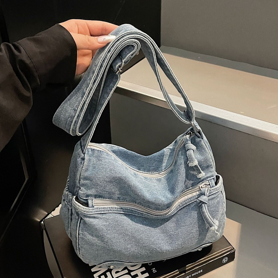 Bolsa mensageiro jeans Bolsa de pano leve Bolsa de ombro resistente ao desgaste Bolsa Tote de grande capacidade