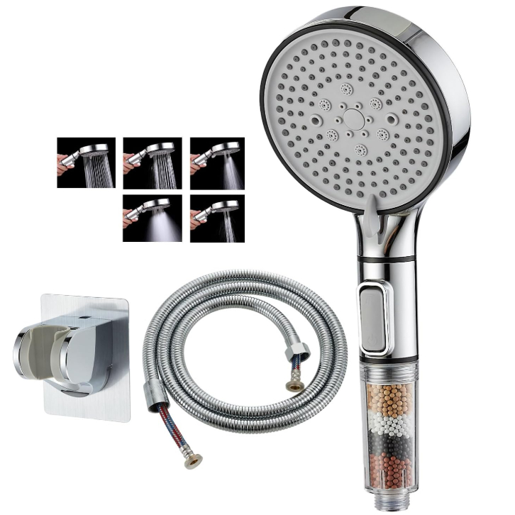 Chuveiro turbo de 5 modos com alta pressão ajustável e filtro de água da chuva para banheiro