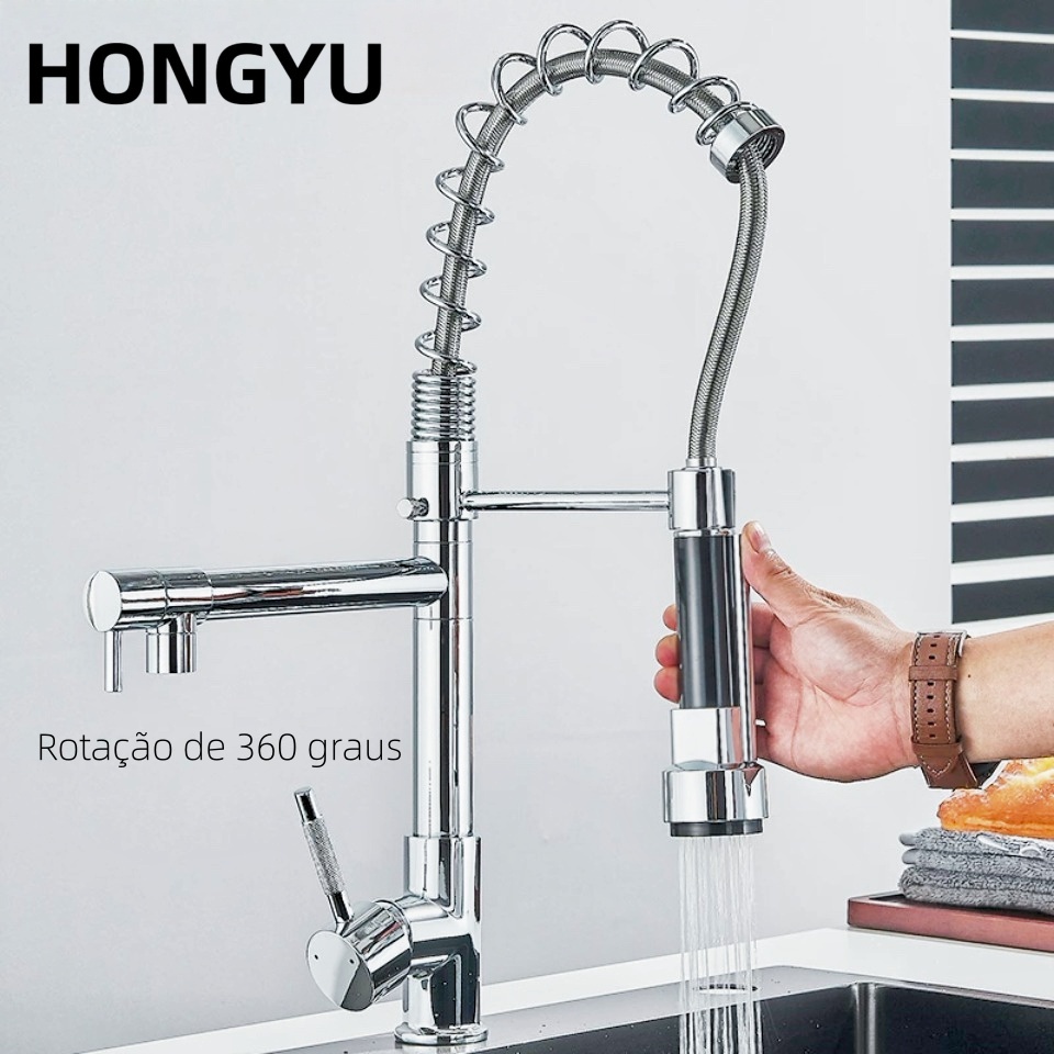 Torneira De Cozinha Gourmet Alça Única Com Extensor De Spray Tubo De Água Flexível Superio...
