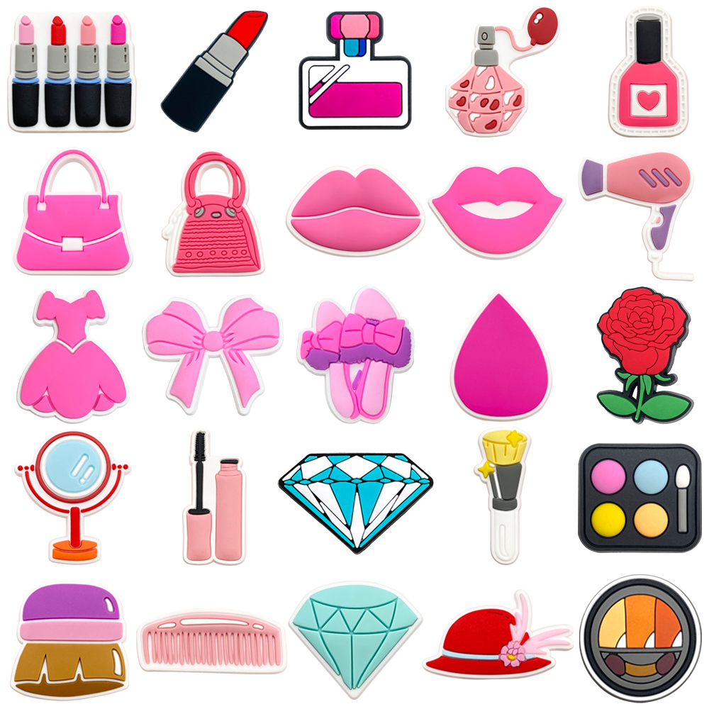 MEIDJ Encantos De Sapato Batom Rosa Perfume Arcos Padrão Decorações 25 Acessórios De PVC Com Botão