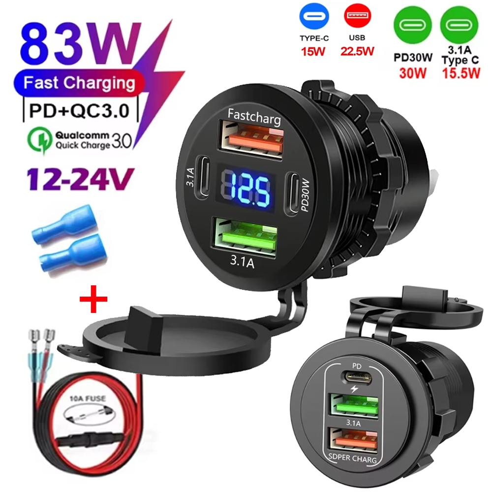2025 Novo 4 Em 1 85W Carregador De Carro PD + QC3.0 Com LED Voltímetro Tomada Adaptador De Energia À Prova Dwaterproof Á
