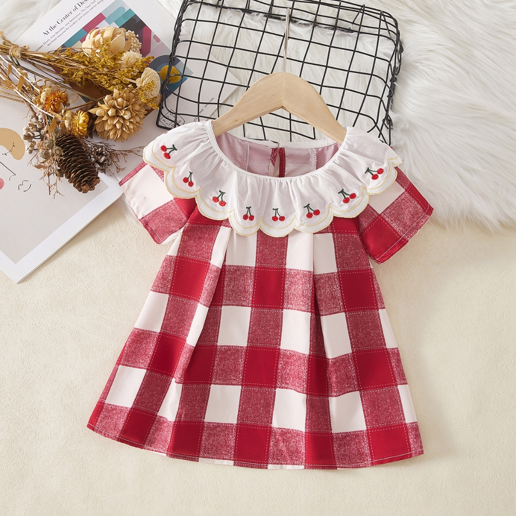 Novo Vestido De Verão Para Crianças Recém-Nascidas Com Xadrez Vermelho E Branco De Manga Curta Princesa Gola Boneca Lape