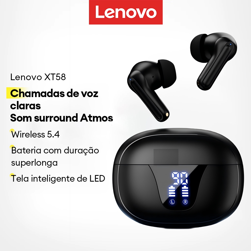 Lenovo XT58 Fones De Ouvido Bluetooth LED Display Inteligente Qualidade Som Alta Fidelidade Cancelamento Ruído em Oferta na Shopee