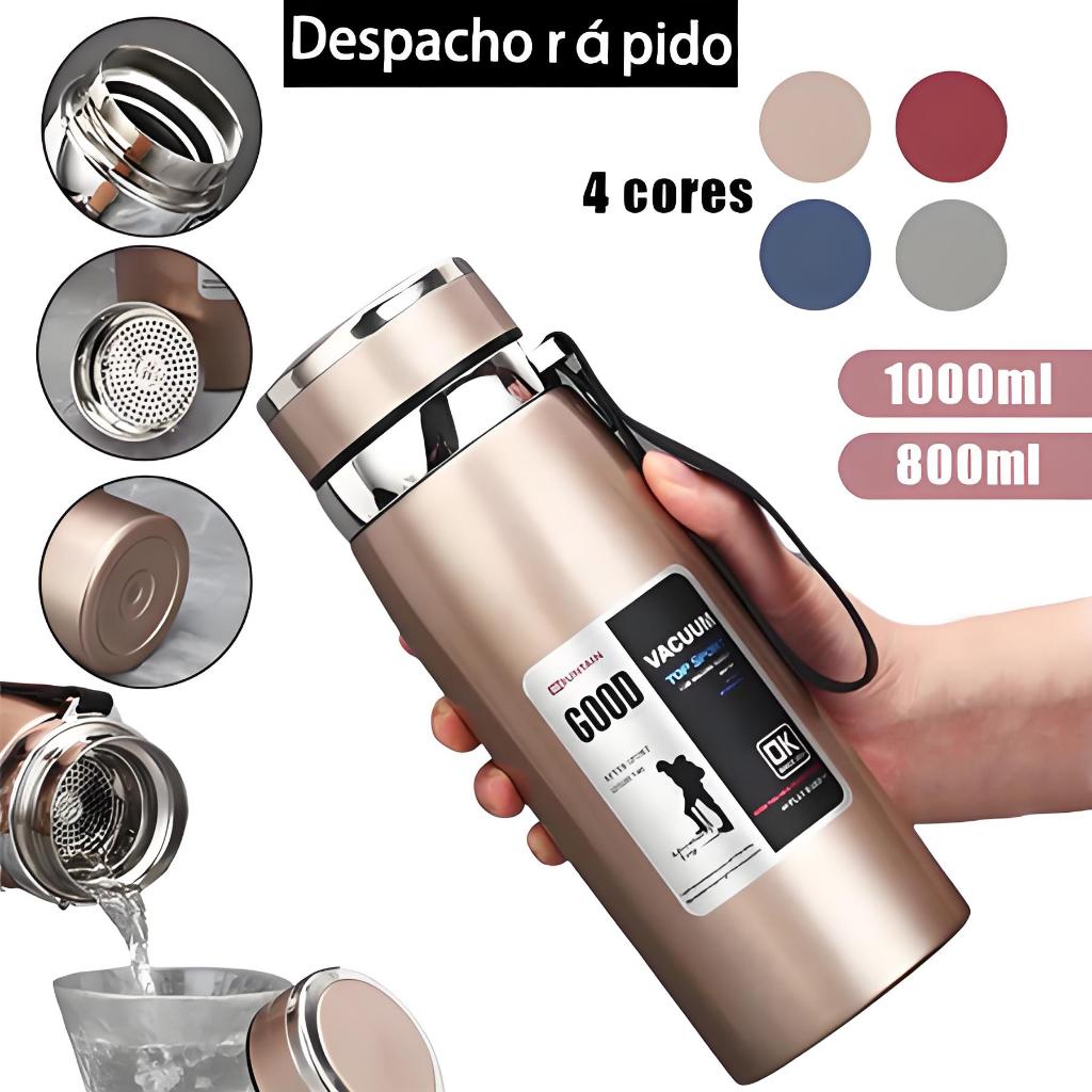 Garrafa 800ml ou 1000m Inox Térmica Com Infusor Prata e 4 Cores Escolha 24h Dupla