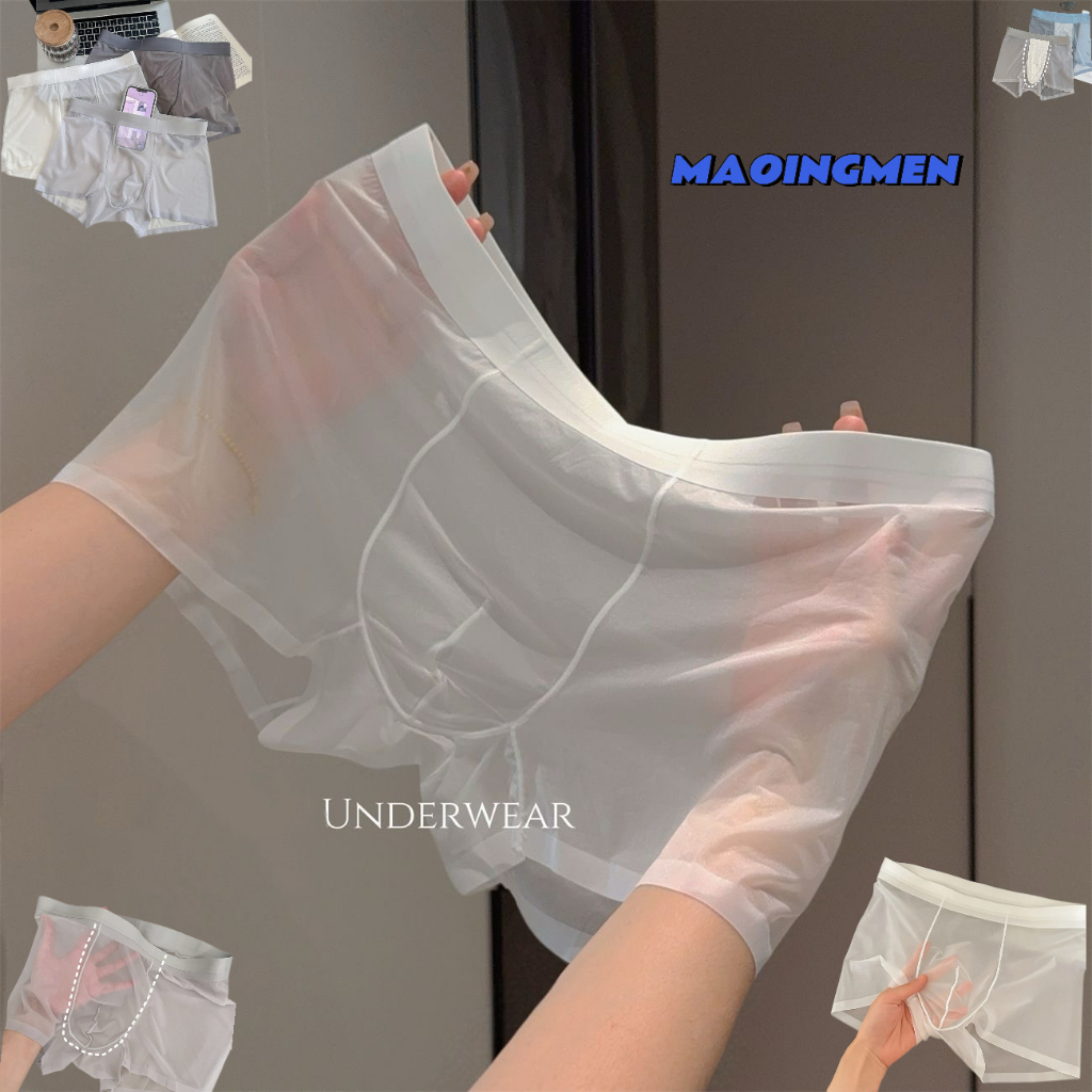 [MAOINGMEN] Kit 3 Cueca Boxer Masculina Sexy Short Transparente Masculino Seda de gelo Nude sem rastro Boxer Adulto