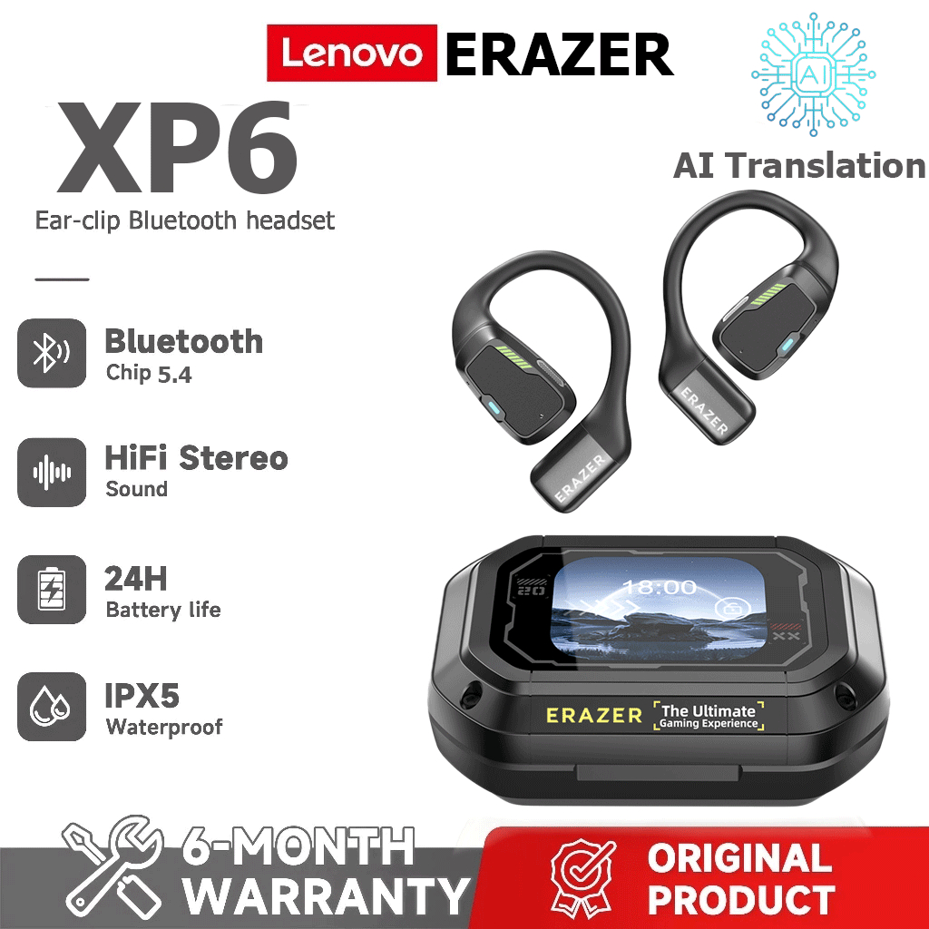 Lenovo ERAZER XP6 AI Tradução Headset LED Fone de ouvido sem fio Bluetooth 5.4 AI Fone de ouvido com tradução em tempo R em Oferta na Shopee