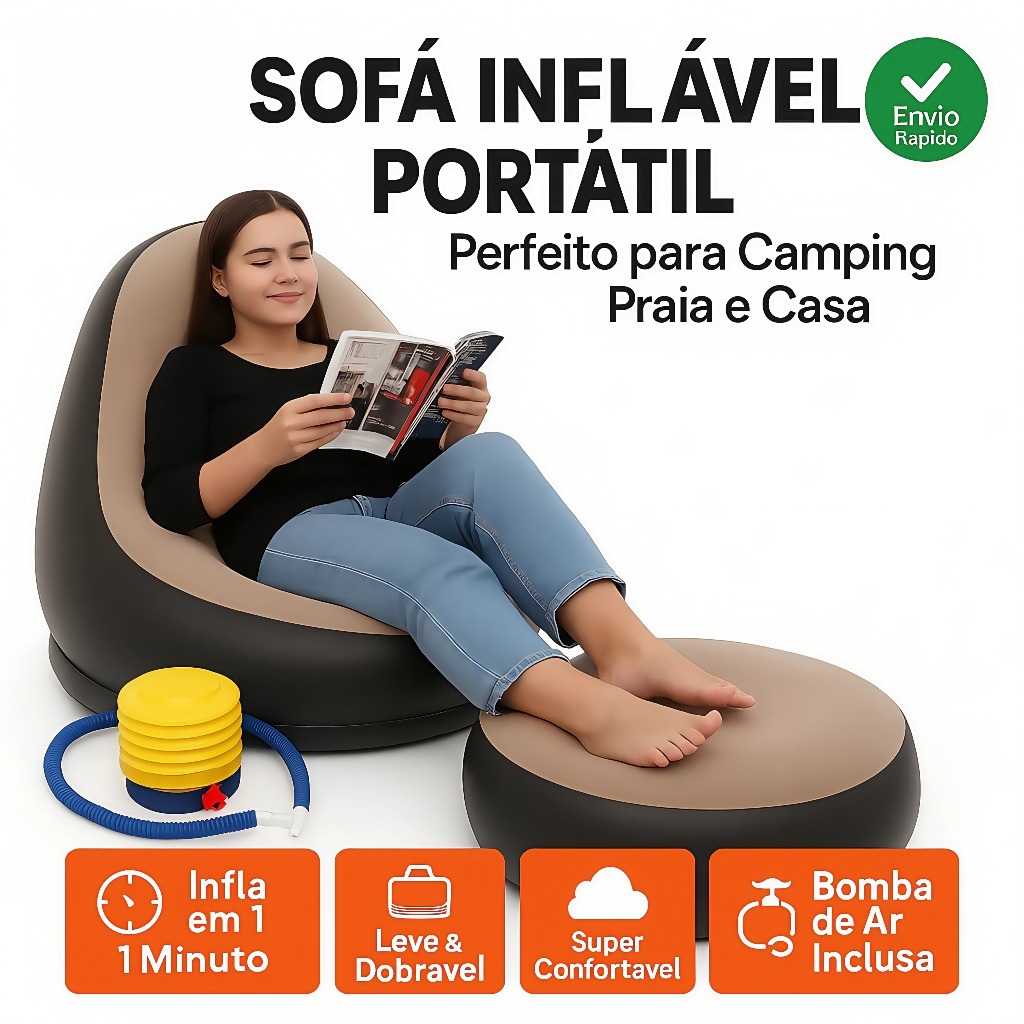 Conjunto Poltrona e Puff Inflável Ultra Lounge Portátil Descanso Preguiçoso Sofá Poltrona