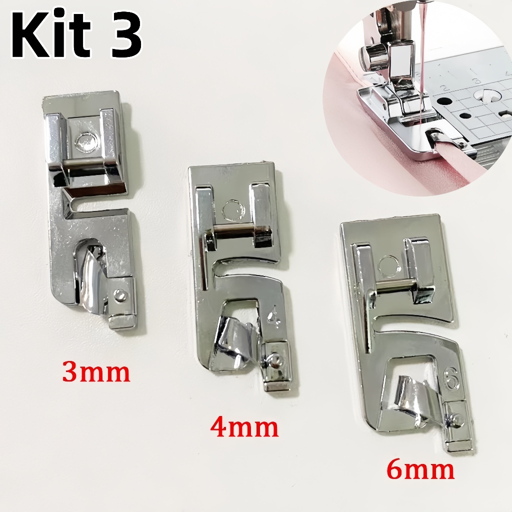 03 Sapatas Calcador Sapatilha Bainha Enrolada 3mm 4mm E 6mm