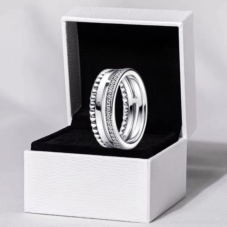 {Anel três em um de prata S925} Logotipo + Pavé Pavé + Design com contas Vários anéis femininos