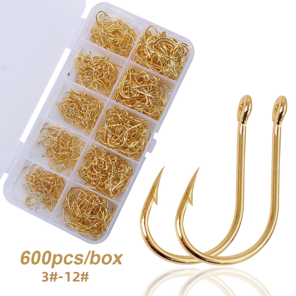 Kit Caixa de Pesca com 600 Anzóis Chinu Dourado #3 ao #12