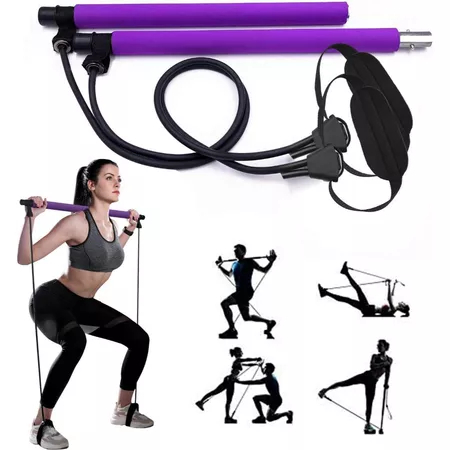 Barra de Pilates Yoga Portátil Com Elásticos Extensor Exercício Academia Treino Musculação Roxo/Preto