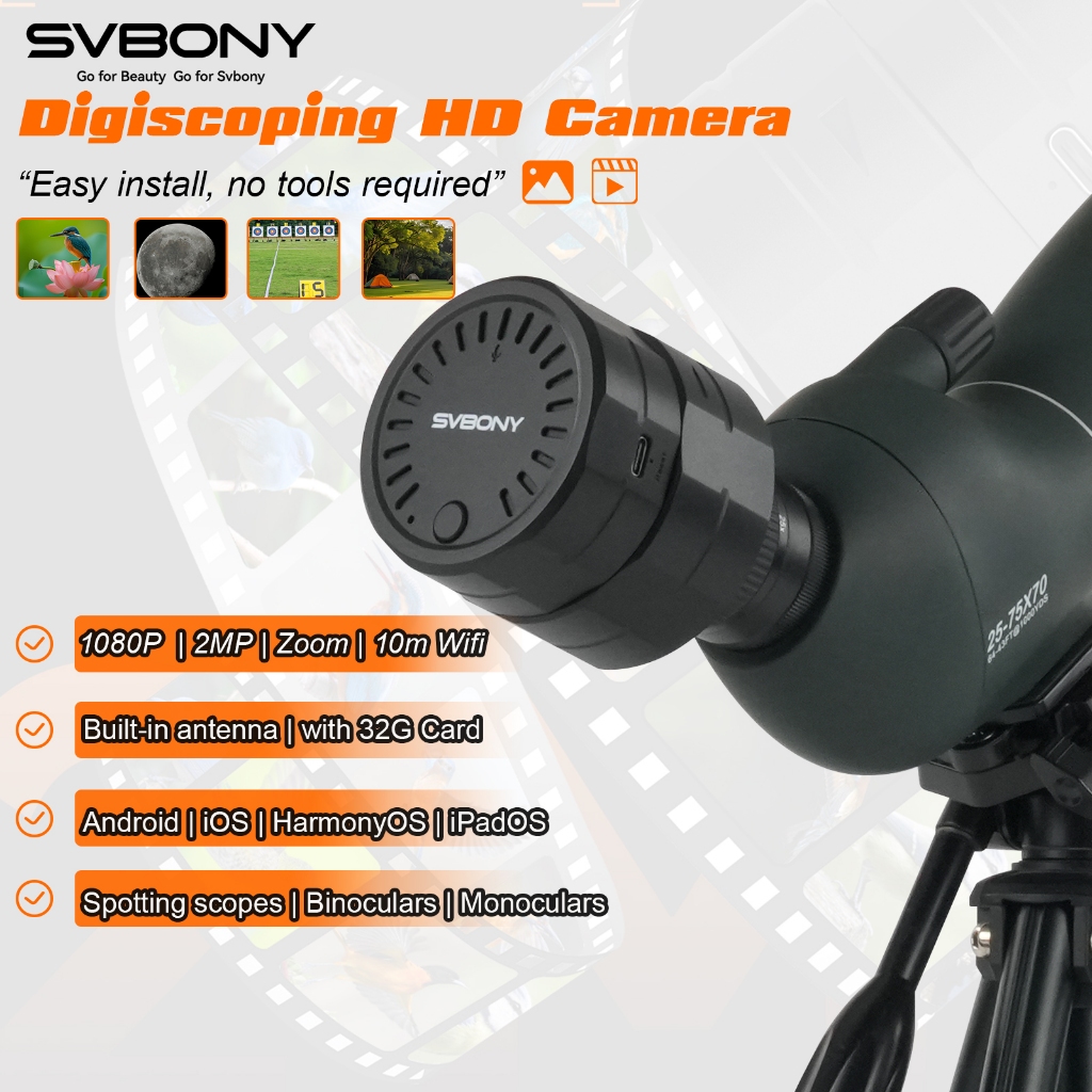 Svbony SC002 Câmera Digiscoping WiFi 1080P HD Zoom Digital De 4 Níveis Com Cartão TF De 32 Gb Para Luneta em Oferta na Shopee