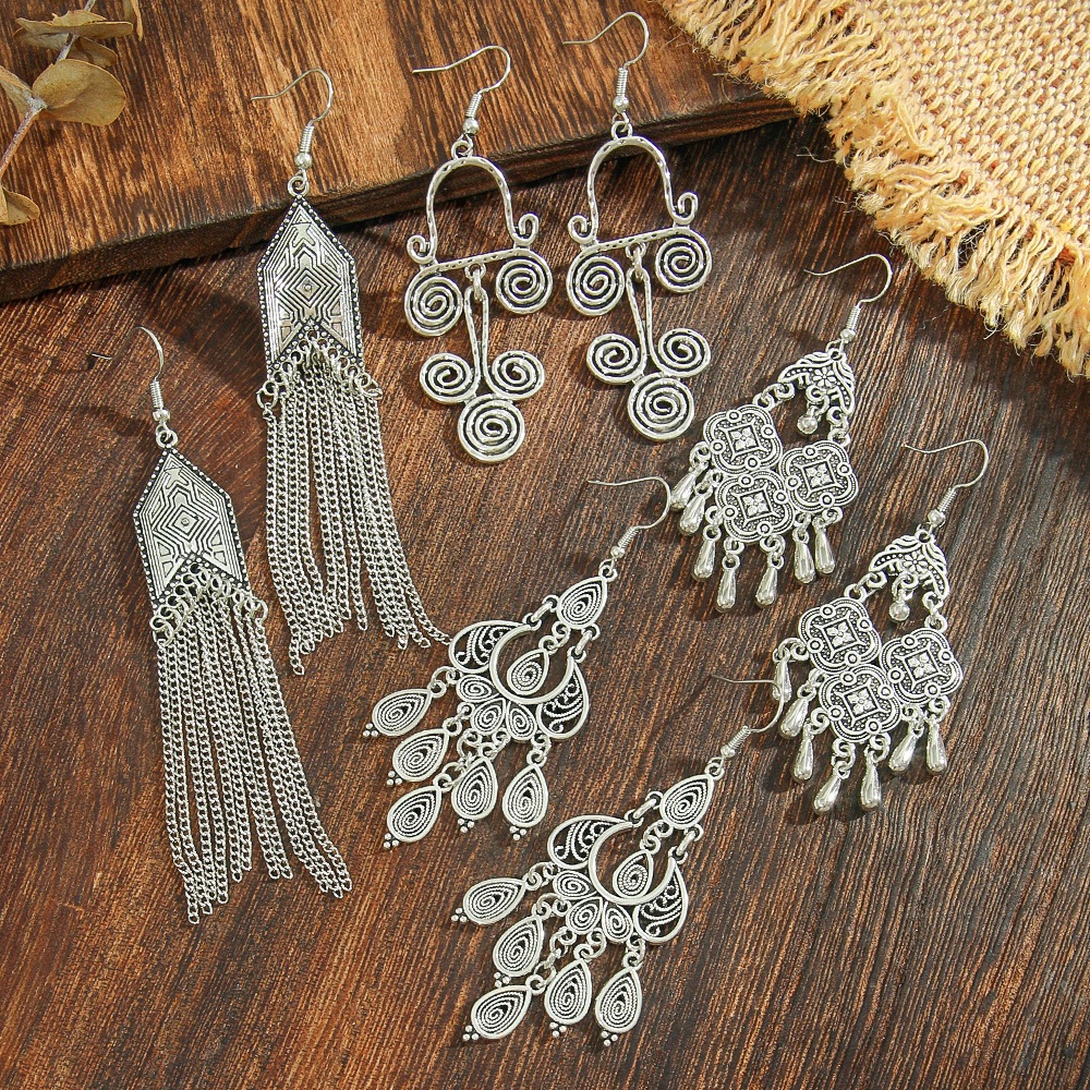 Moda Étnica Longa Borla Brincos Vintage Jóias Antigo Escultura Padrão Geométrico Gota De Água Balançar Para Mulher