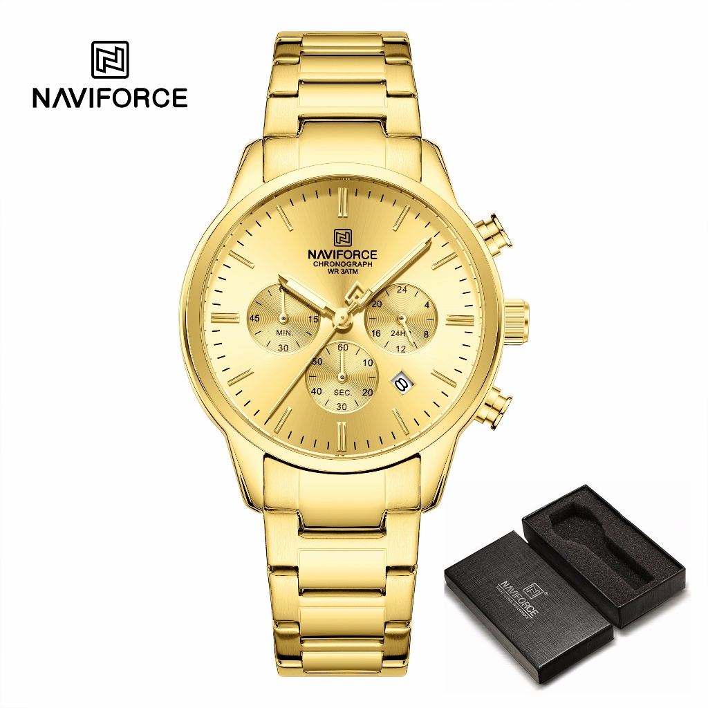 NAVIFORCE 8076 Clássico Redondo Multifuncional Janela Pulseira De Aço Inoxidável Relógio Masculino