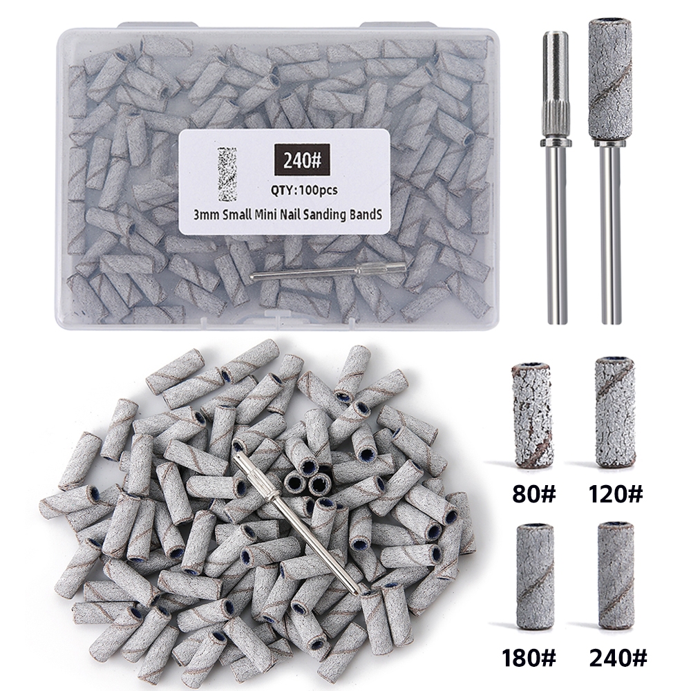 3MM 80/120/180/240 Grit Pequenas Faixas De Lixamento De Unhas 50/100 Peças Para Manicure Pedicure Com 1 Peça Mandril Fer