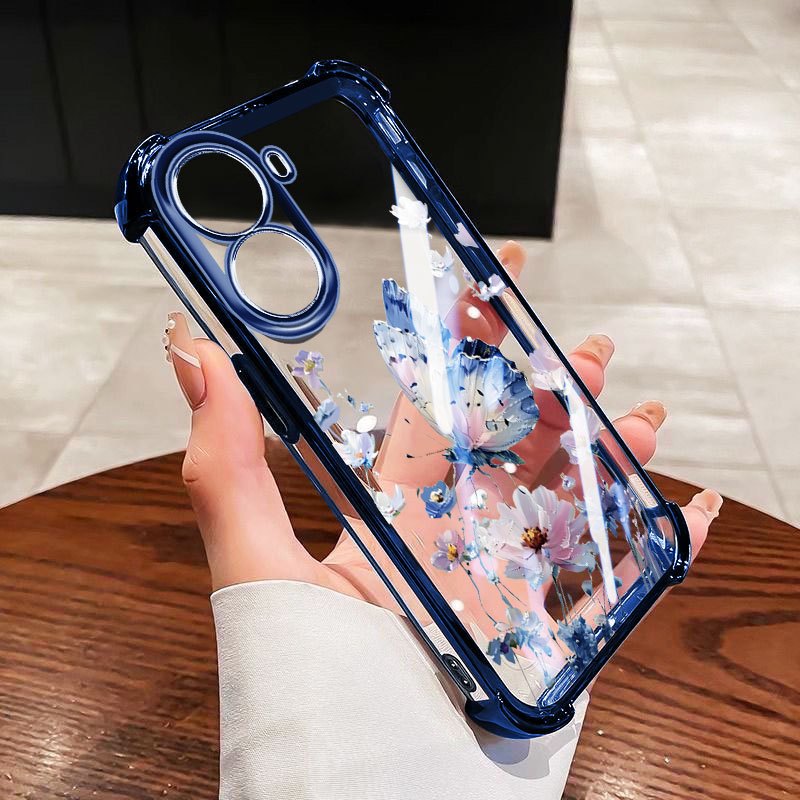 YBD Anti Queda Quatro Cantos Para Xiaomi POCO X7 Pro POP F6 5G Caso De Telefone Claro Estilo INS Azul Borboleta Flor Clu