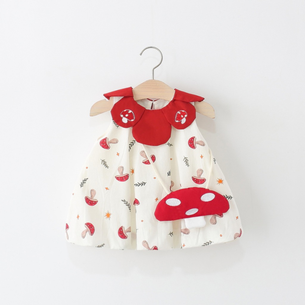 Novo Vestido De Verão Para Meninas Desenho Animado Cogumelo Infantil Flor Botão Saia Pétala Lapela Roupa Ao Ar Livre Ade
