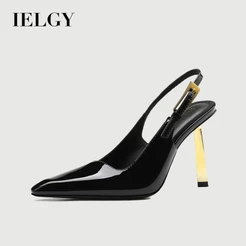 IELGY Salto Alto Feminino Dourado Agulha 2026 Recorte Preto Bico Fino Temperamento Couro Envernizado