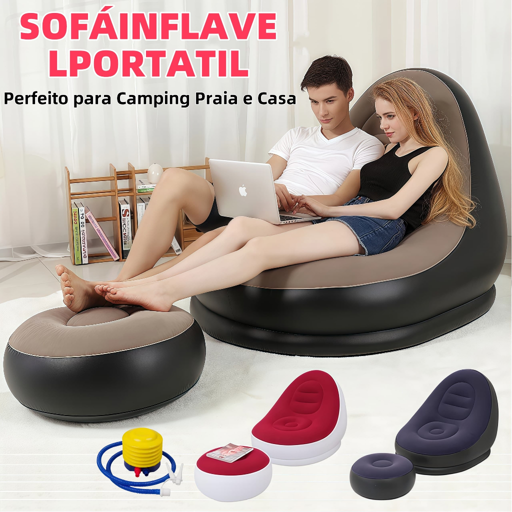 Conjunto Poltrona e Puff Inflável Ultra Lounge Portátil Descanso Preguiçoso Sofá Poltrona