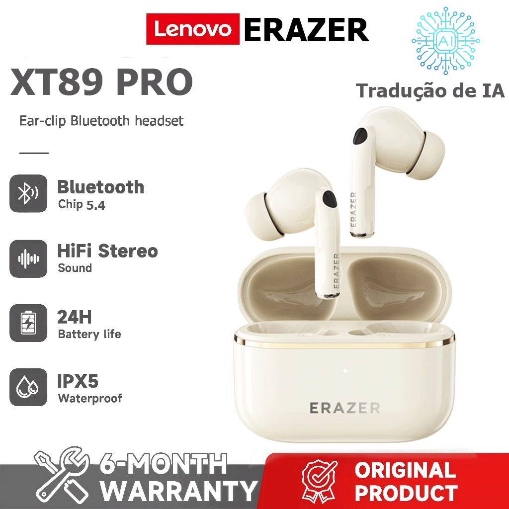 Lenovo ERAZER XT89 PRO Tradução Fone de ouvido sem fio Bluetooth com tradução AI em tempo Real 134 idiomas TWS Fone de o