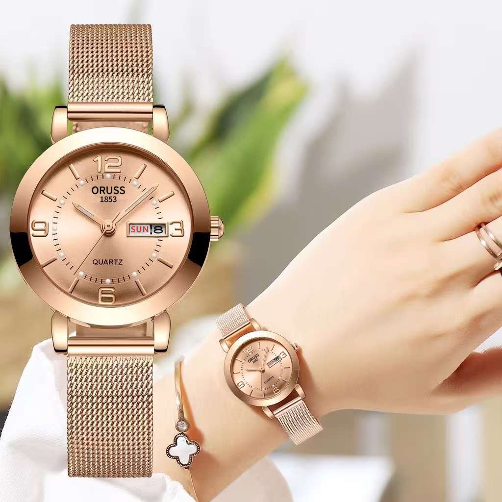 Original Moda Feminina Calendário Duplo Pulseira de Malha de Luxo Aço Inoxidável Luminoso Relógio À Prova D 'Água
