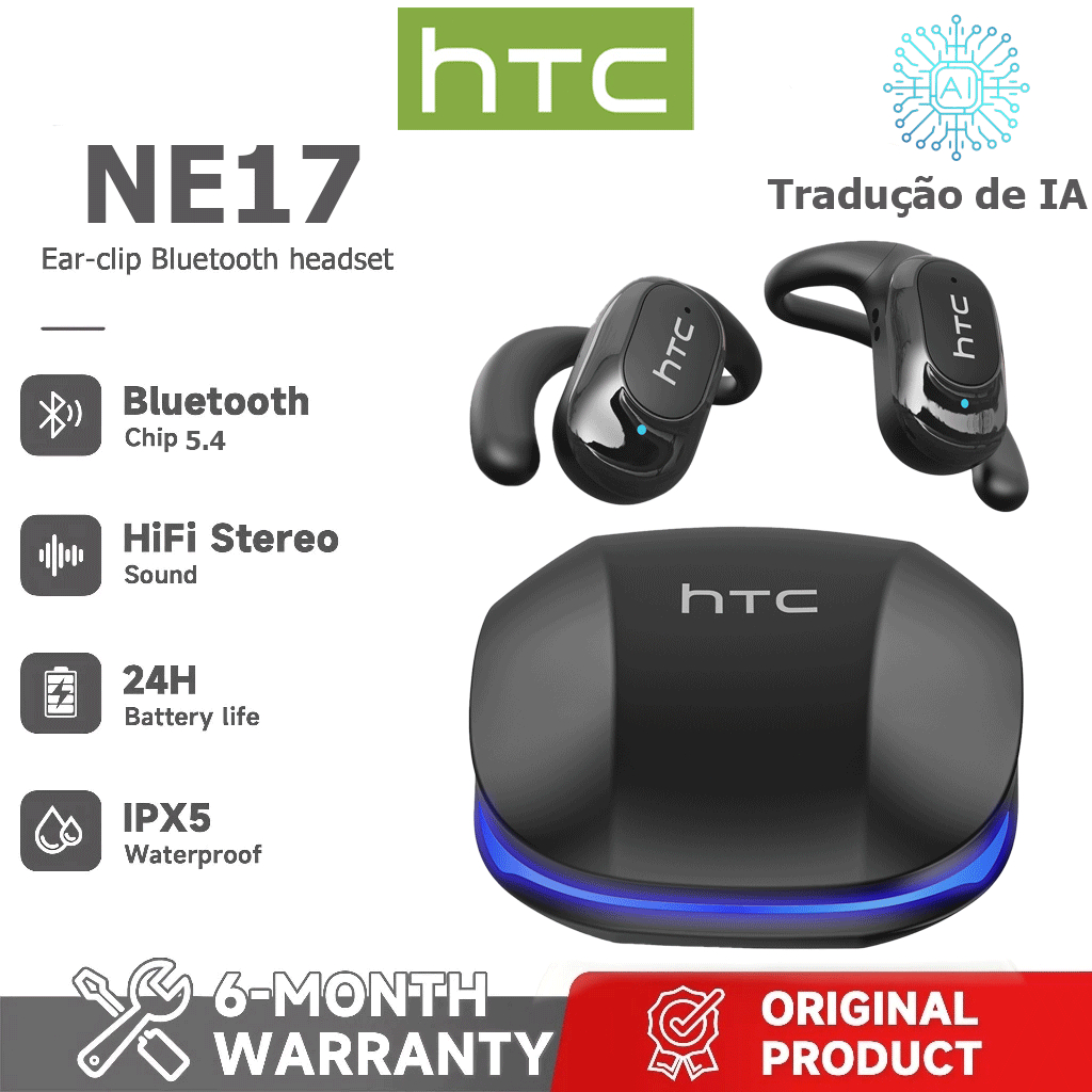 Garantia de um ano HTC NE17 AI Tradução Tradução em tempo Real TWS Fone de ouvido Bluetooth Bluetooth 5.4 HiFi Qualidade