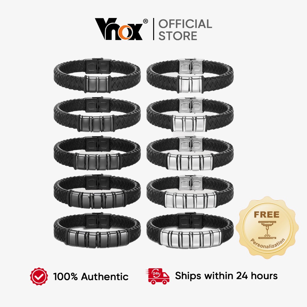 Vnox Fashion Men's Custom Leather Bracelet,Personalizado 2-6 Nomes Corda Tecida , Jóias De Presente Para Pai Namorado - Fashion Accessories