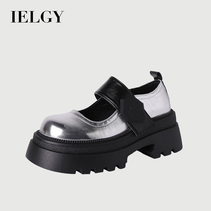IELGY Mary Jane Sapatos Femininos De Couro Preto Novos De Sola Grossa Estilo Chinês