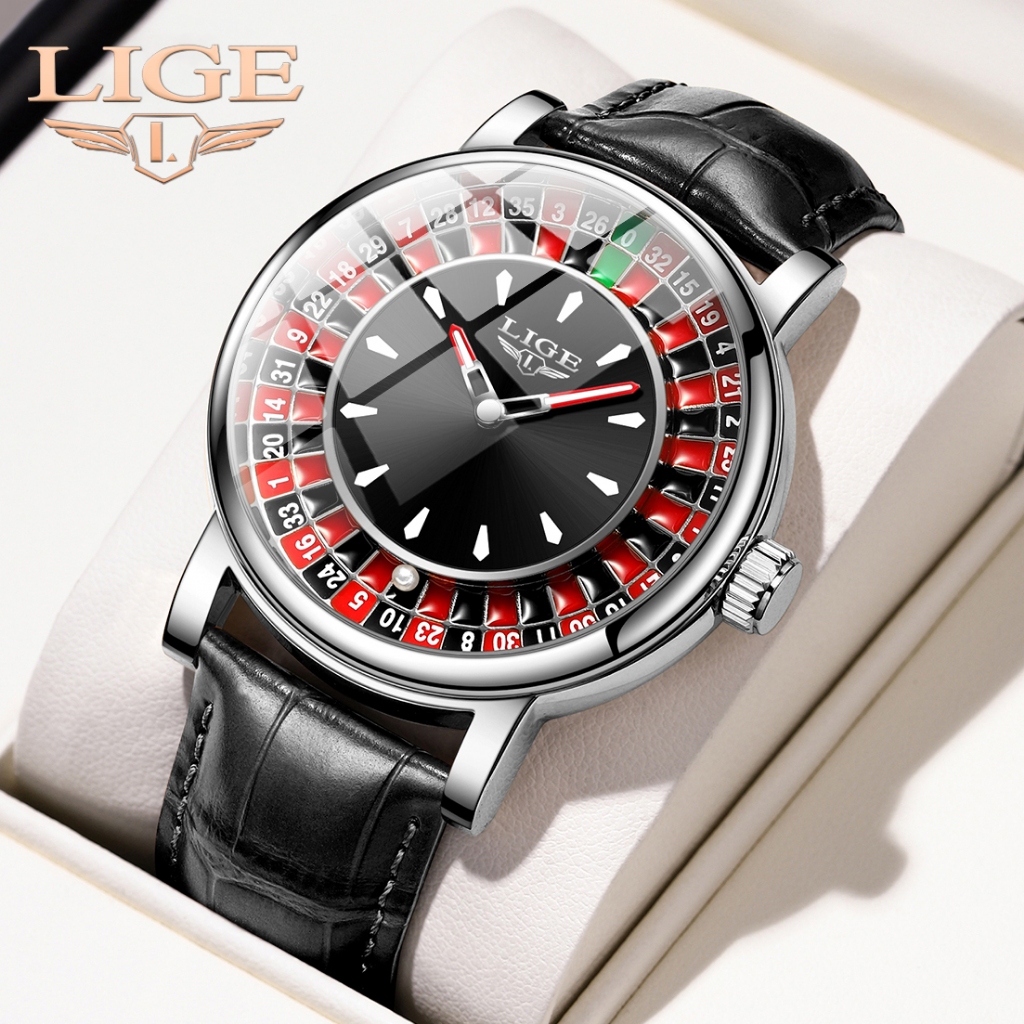 LIGE Moda Relógio De Couro Masculino Unissex Mostrador Rotativo Roleta Pulso Luminoso À Prova D'água em Oferta na Shopee