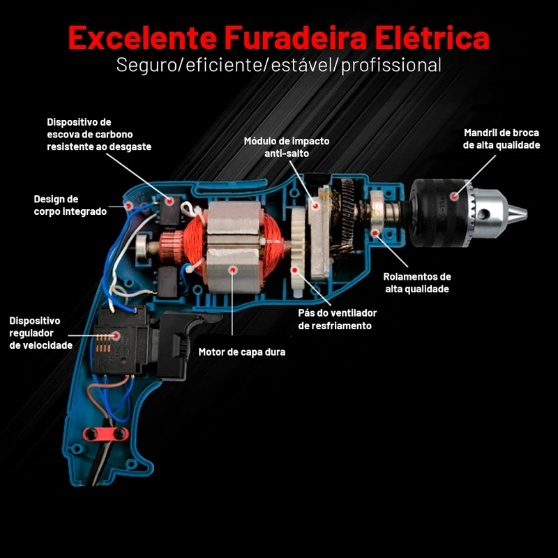 Parafusadeira e Furadeira Elétrica de Impacto Profissional 750W — foto 7