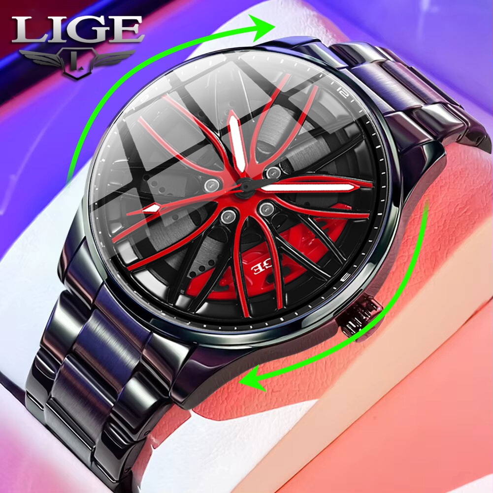 LIGE Relógio para homens Relógio de relógio com roda girável Relógio de quartzo impermeável à luz noturna Aço inoxidável