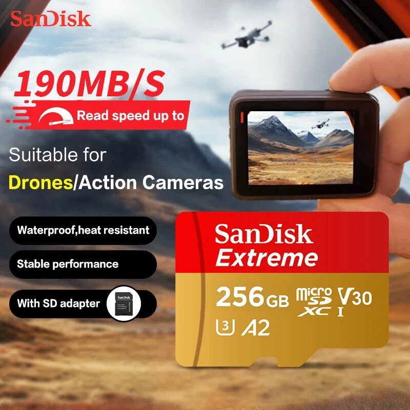 SanDisk Extreme microSDXC UHS-I Card V30 A2 Cartão De Memória 32GB 64GB 128GB 256GB 512GB 1TB Micro SD Max 190Mb/s Flash