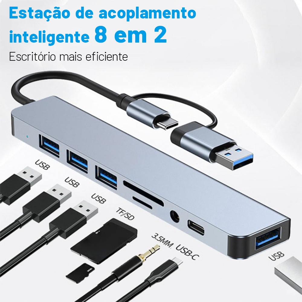 Porta Hub USB 8 Em 2 Leitor Cartão SD Type C Para Estação De Acoplamento De Áudio De 3.5mm