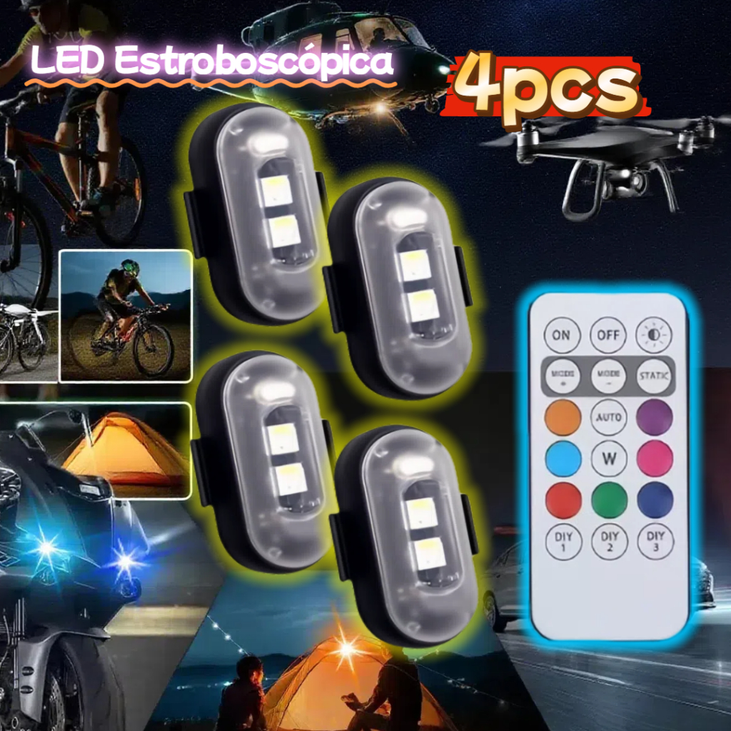 Kit 4Pcs Luz LED Estroboscópica Anti-Colisão 8 Cores com Controle Remoto Sem Fio Recarregável para Motocicleta/ Carro