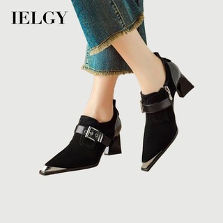 IELGY Retro Moda metal Apontou toe Sapatos Femininos Camurça Cinto Fivela Temperamento Salto Alto