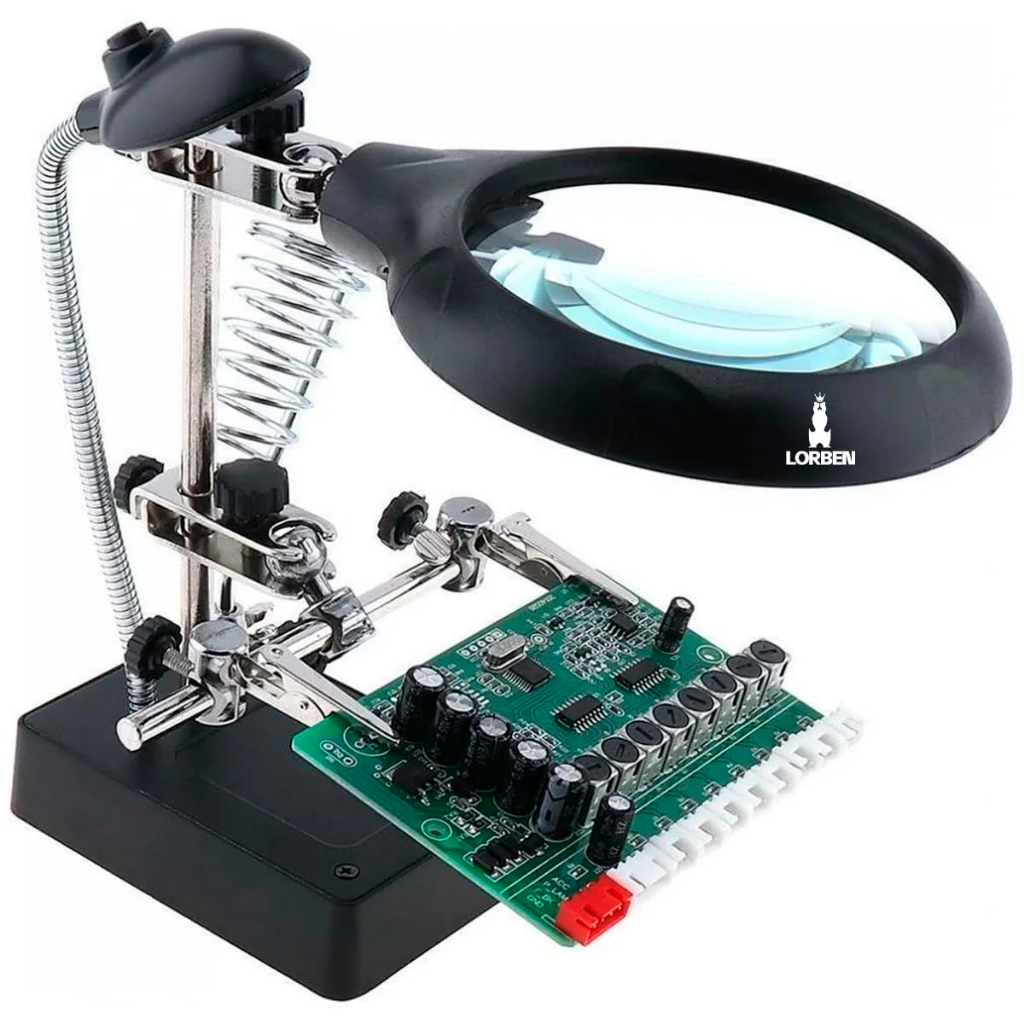 Lupa De Bancada Mesa Aumento 5x Com Suporte 2 Leds Garras De Solda Eletrônica Bivolt 100mm Cor Preto