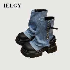 IELGY Jeans Botas Tubo Plataforma Feminina Estilo Britânico 2026 Retro Pilha Curtas
