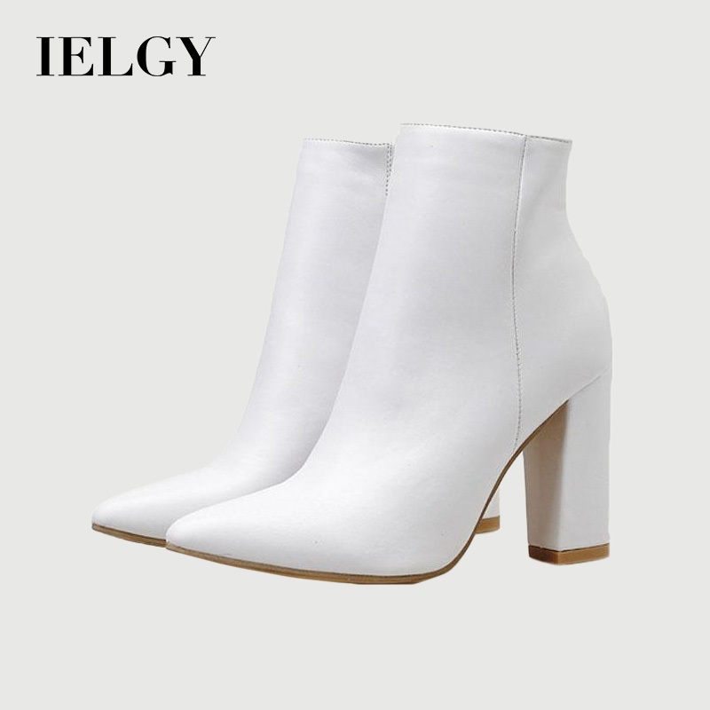 IELGY Botas Curtas Das Mulheres Elegante Versátil Branco De Salto Alto 10 cm Calcanhar Grosso Zipper Couro Pu Macio - Women Shoes