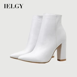 IELGY Botas Curtas Femininas Elegantes , Versáteis , Brancas , Salto Alto , 10 Cm Grosso , Zíper , Couro PU Macio