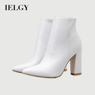 IELGY Botas Curtas Das Mulheres Elegante Versátil Branco De Salto Alto 10 cm Calcanhar Grosso Zipper Couro Pu Macio em Oferta na Shopee