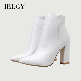 IELGY Botas Curtas Das Mulheres Elegante Versátil Branco De Salto Alto 10 cm Calcanhar Grosso Zipper Couro Pu Macio