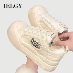IELGY 2026 Novo Tênis Feminino De Sola Grossa Com Bico Redondo E Design De Nicho De Lona Casual Nuvem