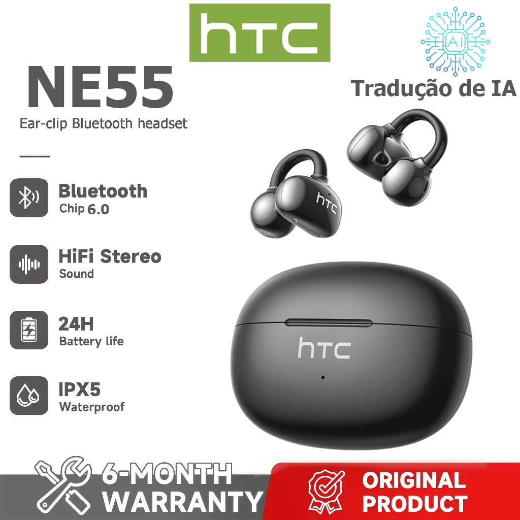 Fone de ouvido Bluetooth HTC NE55 AI Translator, fone de ouvido Bluetooth 6.0, qualidade de som HiFi, tradução de vídeo