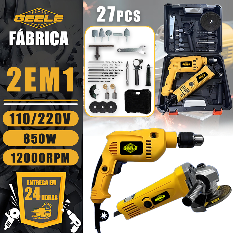 Furadeira Profissional 850W 10mm e ESMERILHADEIRA 850W KIT 2 EM 1 Com Estojo Rígido 220V