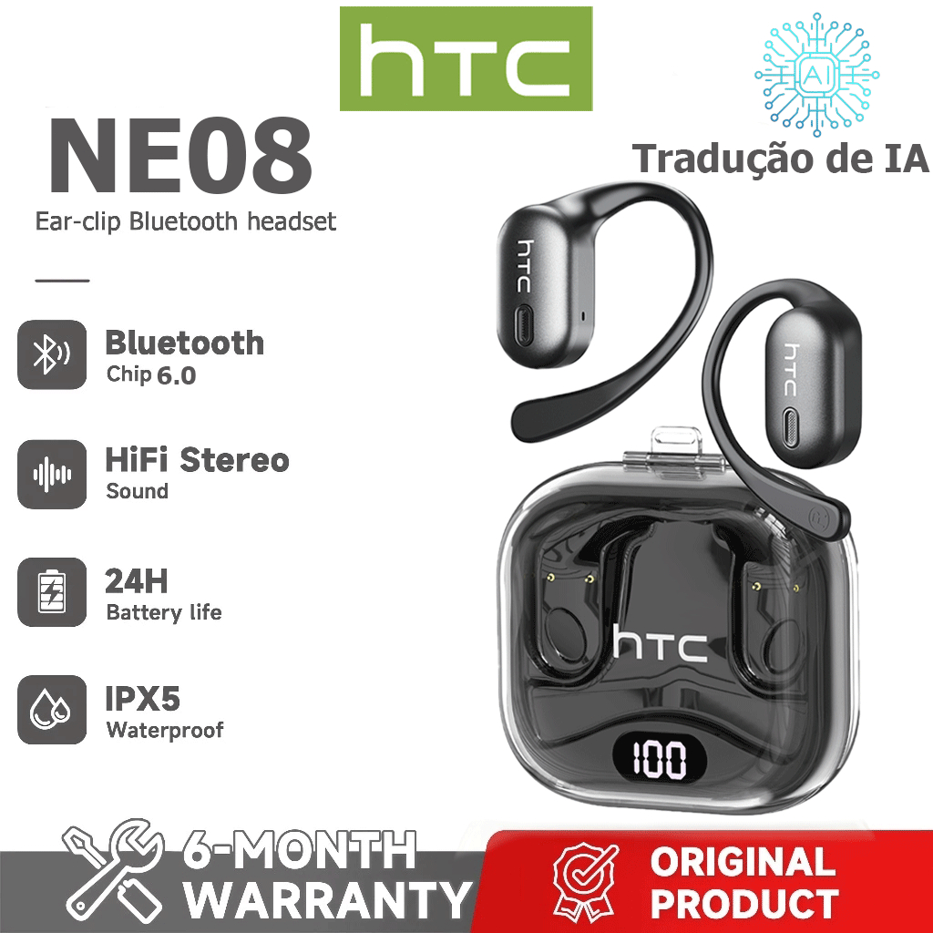 Fone de ouvido Bluetooth HTC NE08 AI Translator, fone de ouvido Bluetooth 6.0, qualidade de som HiFi, tradução de vídeo